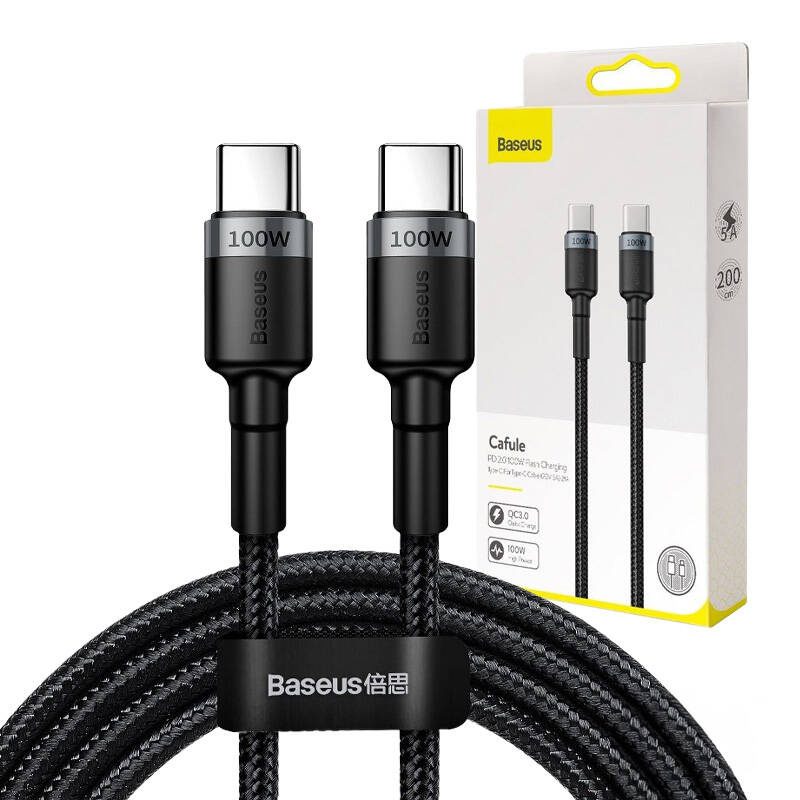 Καλώδιο USB-C/USB-C Cafule PD2.0 100W για Γρήγορη Φόρτιση (20V/5A) 2m (Γκρι/Μαύρο) Baseus