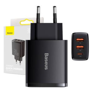 Φορτιστής Compact Quick Charger 2xUSB, USB-C, PD, 3A, 30W (Μαύρο) Baseus