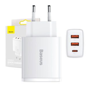 Φορτιστής Compact Quick Charger 2xUSB, USB-C, PD, 3A, 30W (Λευκό) Baseus