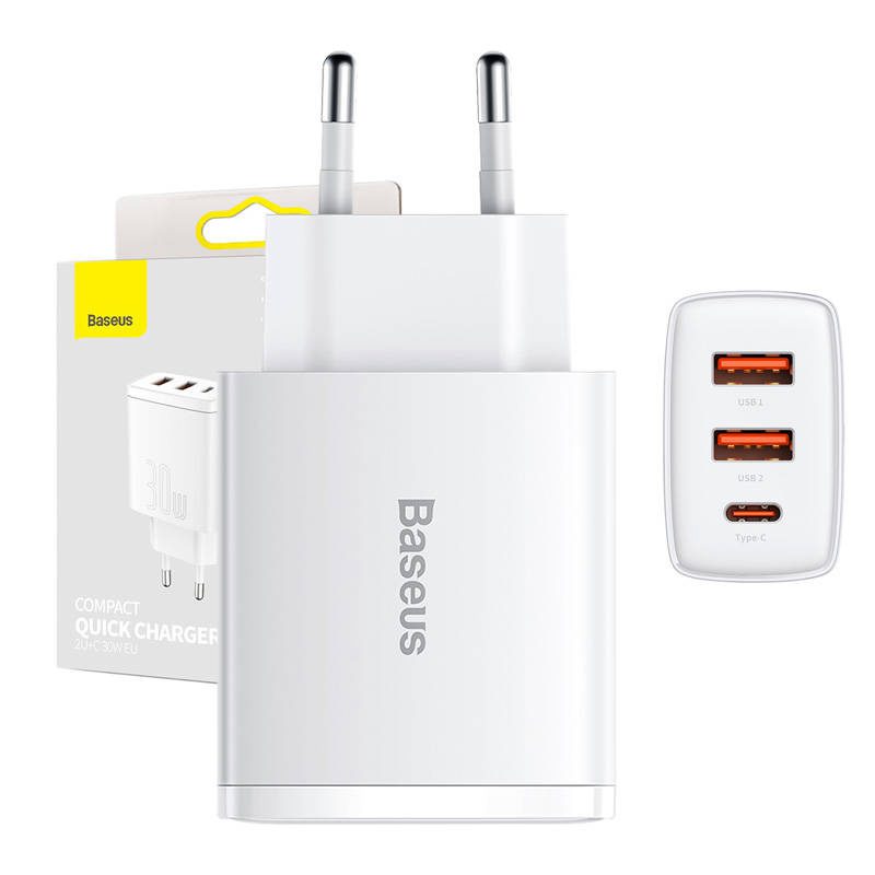 Φορτιστής Compact Quick Charger 2xUSB, USB-C, PD, 3A, 30W (Λευκό) Baseus