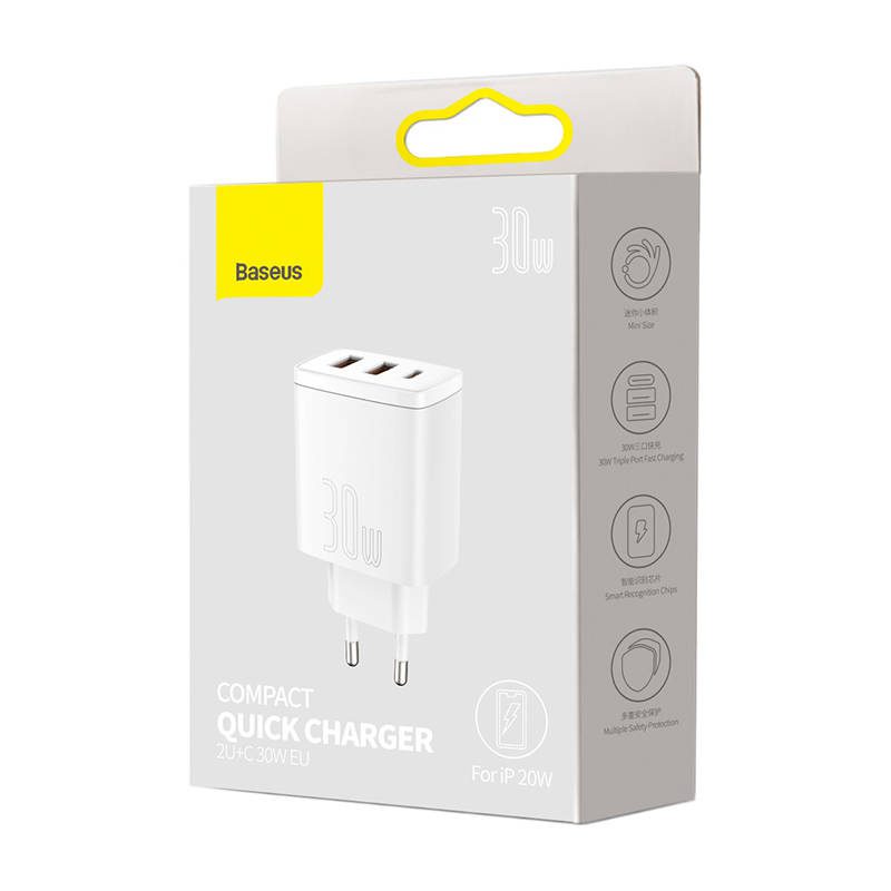 Φορτιστής Compact Quick Charger 2xUSB, USB-C, PD, 3A, 30W (Λευκό) Baseus - Image 6
